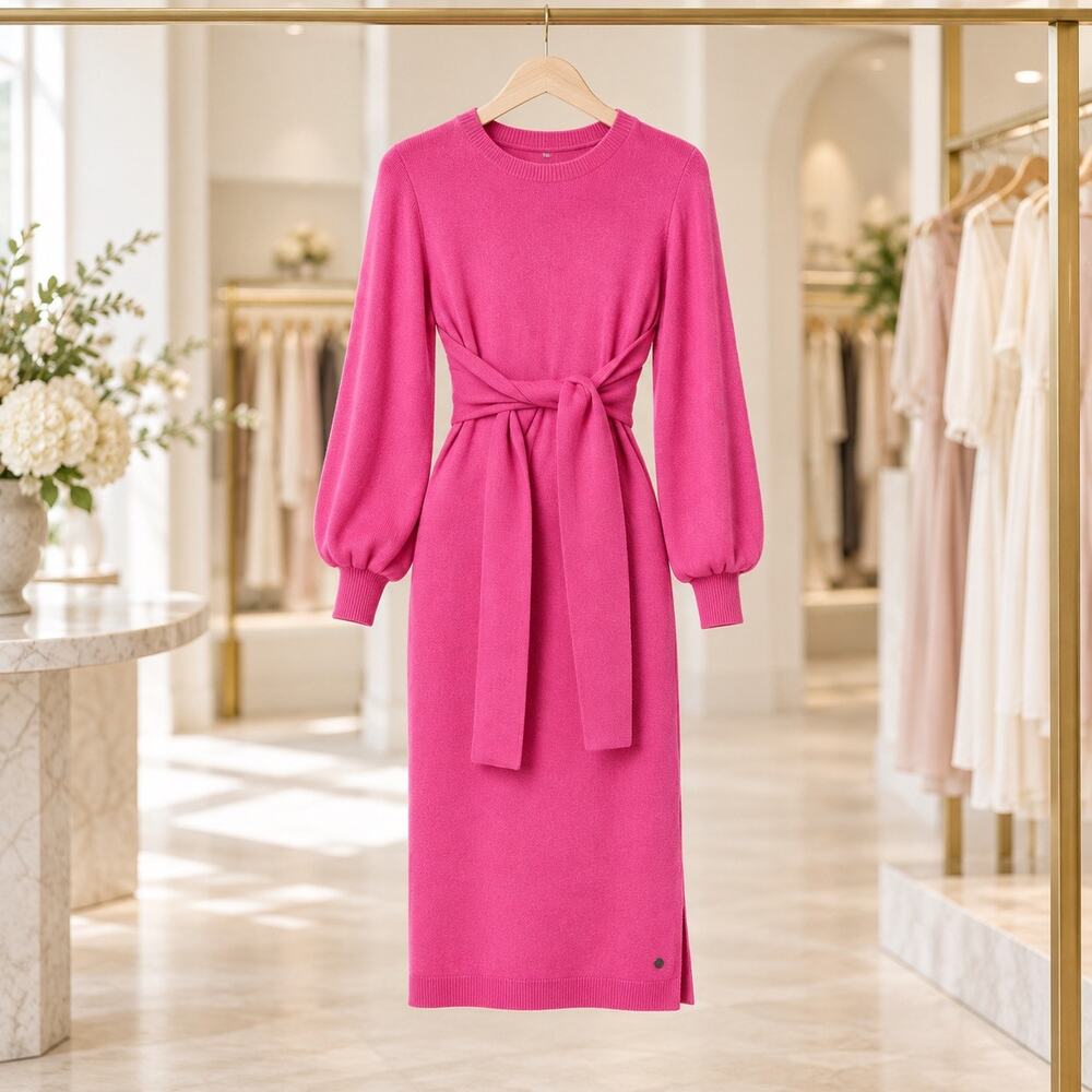 Ted Baker London Essya Dress Sz 10 Bright Pink Knit Tie Waist Long Sleeve NWT